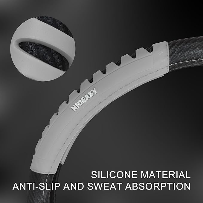Sport Style Black Carbon-Fiber Steering Wheel Cover with Grey Grip Steering Wheel Accessory,Universal Fit 14.75-15 inch Steering Wheel