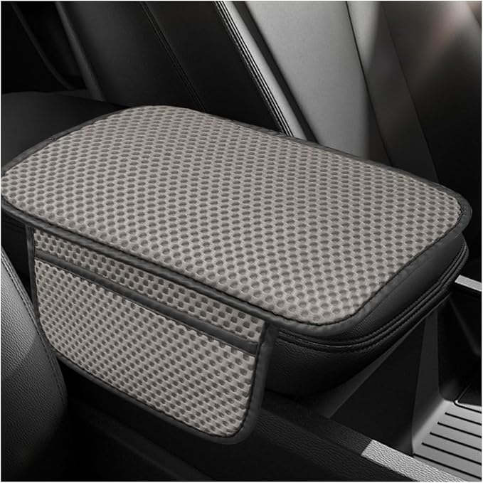 Car Center Console Cover, Cooling Auto Armrest Cushion Pad with 2 Storage Bags, Breathable Elbow Pillow Middle Console Protector, Universal Vehicle Interior Accessories (Grey)