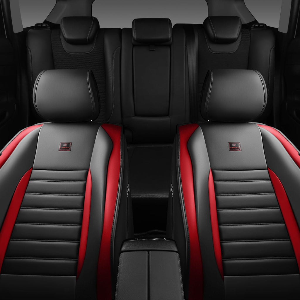 CAR PASS Nappa Leather Car Seat Covers Front Seats, Luxury Seat Protector for Cars, Waterproof Anti-Slip Seat Cushion Armrest Compatible Airbag Universal for Sedan SUV Pick-up Truck Auto, Black Red