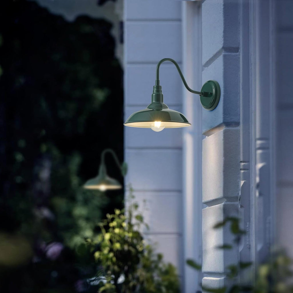 10'' Dome Outdoor Gooseneck Barn Light Fixture with Wall Mount, Green Exterior Porch Barn Door Lighting, Farmhouse Style Outside Porch Gooseneck Wall Sconce for Patio, Yard, Garage, House