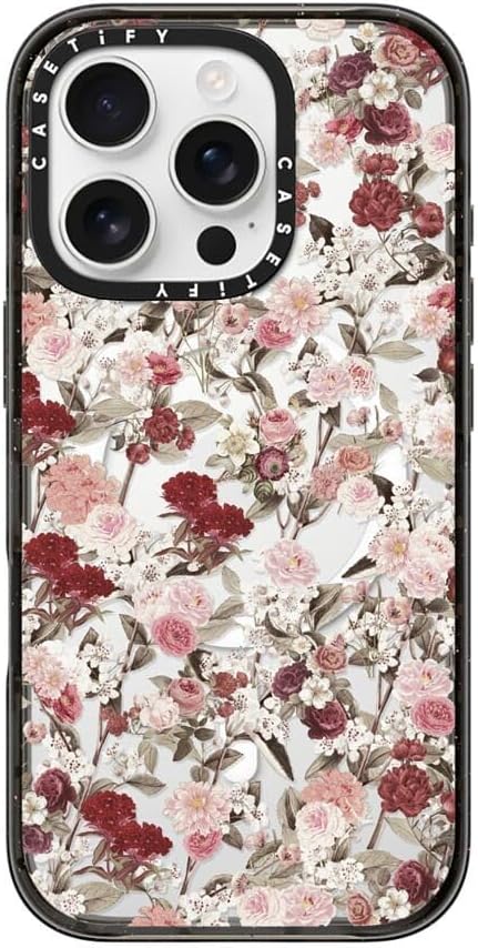 CASETiFY Impact Case for iPhone 16 Pro [8.2ft 4X Military Grade Drop Protection/Compatible with Magsafe] - Vintage Flower Monday - Clear Black