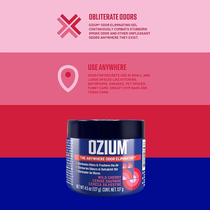Ozium Odor Eliminating Gel Air Freshener 4.5 oz Wild Cherry for Home Car Office (2-pack)