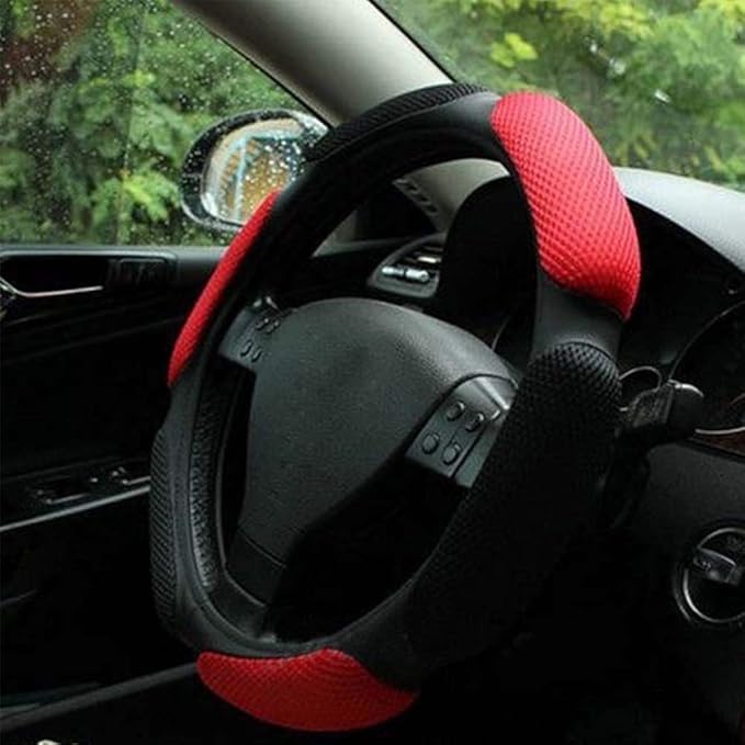 Steering Wheel Cover -Odorless, Cooler Hands in Summer, Warmer Hands in Winter (Black red)