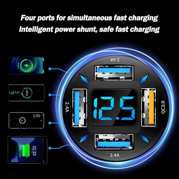 66W Fast USB Car Charger Fast Charge with Voltmeter LED Light Display Car Charger Adapter Compatible for iPhone 14/13/12/11pro/x/8/S22/S22+/Ultra/S21/S10/S9