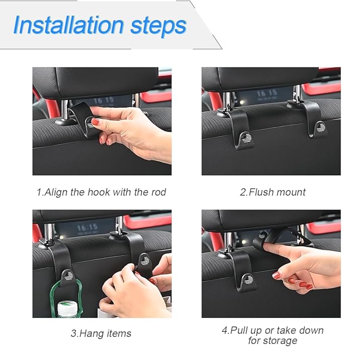 4PCS Car Seat Headrest Hooks, Auto Back Seat Hanger Holder, Durable Stylish Vehicle Organizer Universal Car Interior Accessories, Storage Hooks for Purses, Bags, Clothes, Hats (Black/Black Flag)