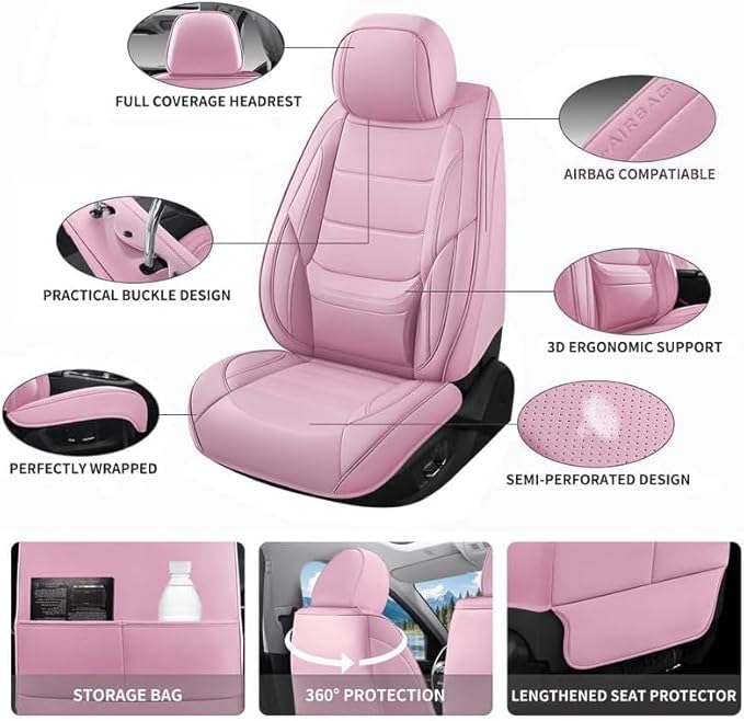 Car Seat Covers Custom Fit for Chevrolet/Chevy Volt 2010-2019, Premium Faux Leather Waterproof Car Seat Protectors with Lumbar Support, Breathable Anti-Slip Easy to Install(Pink,Full Set)