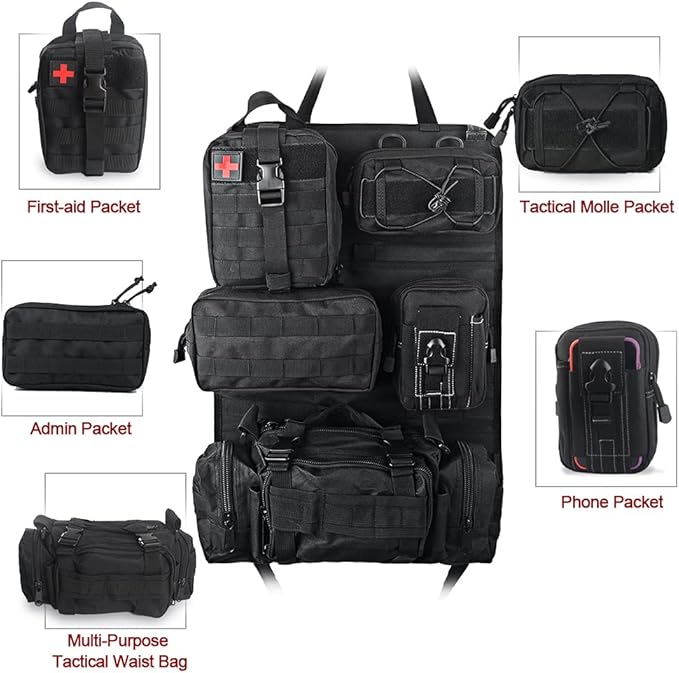 Universal Tactical Vehicle Back Seat Organizer with 5 Molle Pouch Molle Pouches Truck Seat Organizer Tactical Gear for Car Truck Ford Jeep Vehicle