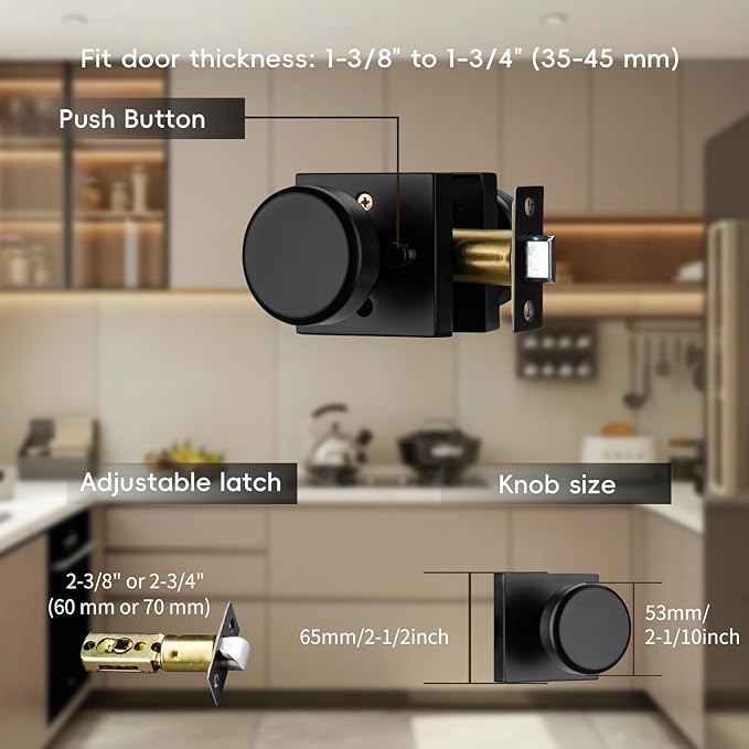 Black Door Knobs with Square Rosette, Interior Door Handles for Bath & Bed, Heavy Duty Door Knob with Lock