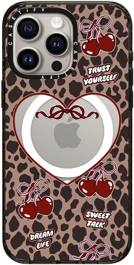 CASETiFY Impact iPhone 15 Pro Max Case [Slim/Compatible with Magsafe / 8.2 ft. 4X Military Grade Drop Protection] - Leopard Cherries - Clear Black