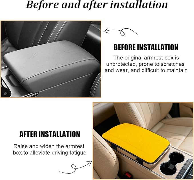 Car Center Console Cover, PU Leather Vehicle Armrest Seat Box Cover Protector, Comfortable Automotive Interior Arm Rest Cushion Pad Accessories, Universal for SUV Sedan Truck (Yellow)