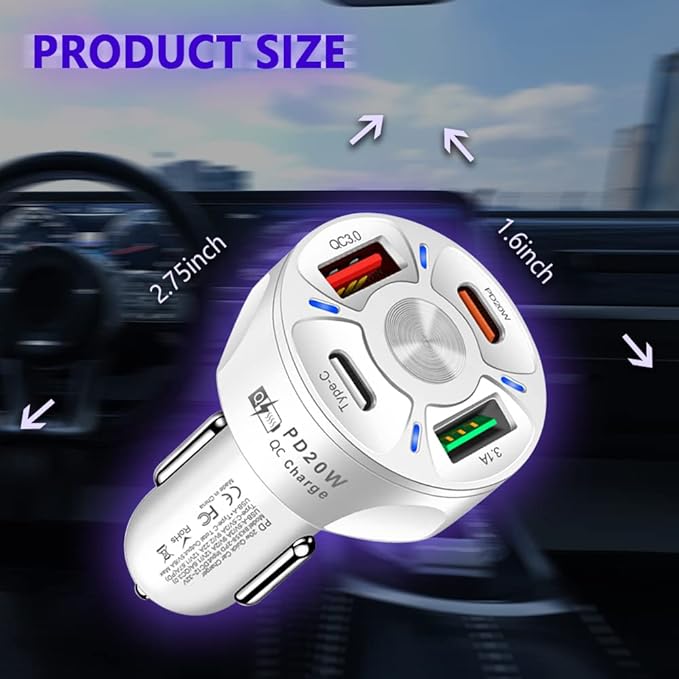 4 Port Car Charger USB C Adapter with LED Light,Quick Charge with Type C/PD 20W/QC 3.0 Fast Charging CCar Cigarette Lighter Adapter for iPhone 14 13 12 S22 S21 S20 iPad Pro& More Car (White)