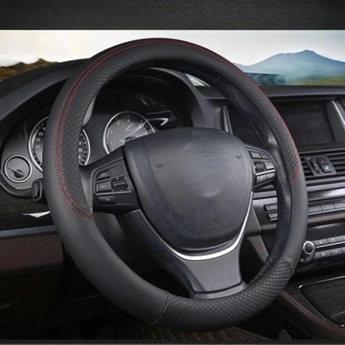 Car Semi Truck Van Leather Steering Wheel Cover Fits 14 15 16 17 18 19 Inch Maximum Grip Non Slip Durable Universal Fit for Most Vehicles (36cm/14in,Black)