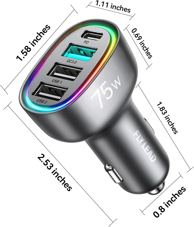 75W Car Charger USB C, 4 Port Super Fast Cigarette Lighter USB Charger, Type C 60W & QC 3.0 Multiport Car Phone Adapter Accessories for iPhone 17/16/15/14/13/12 Pro Samsung S26 Series