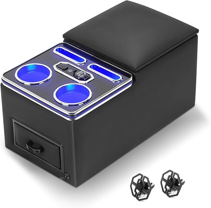 Center Console Organizer, Bench Seat Center Console with Fast Phone Charging & Cup Holders, Automotive Center Storage Box Upgraded 7-Color Adjustable LED Lighting for Car Minivan Van Truck