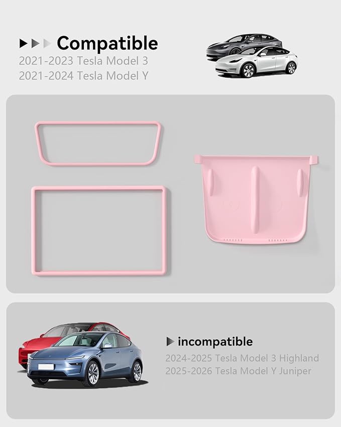 Farmogo Protector Trim Frame for Tesla Model 3 2021-2023 & Model Y 2020-2024 Accessories with Wireless Silicone Charging Mat, Screen Edge Frame and Rearview Mirror Protector Frame (3 PCS Pink)