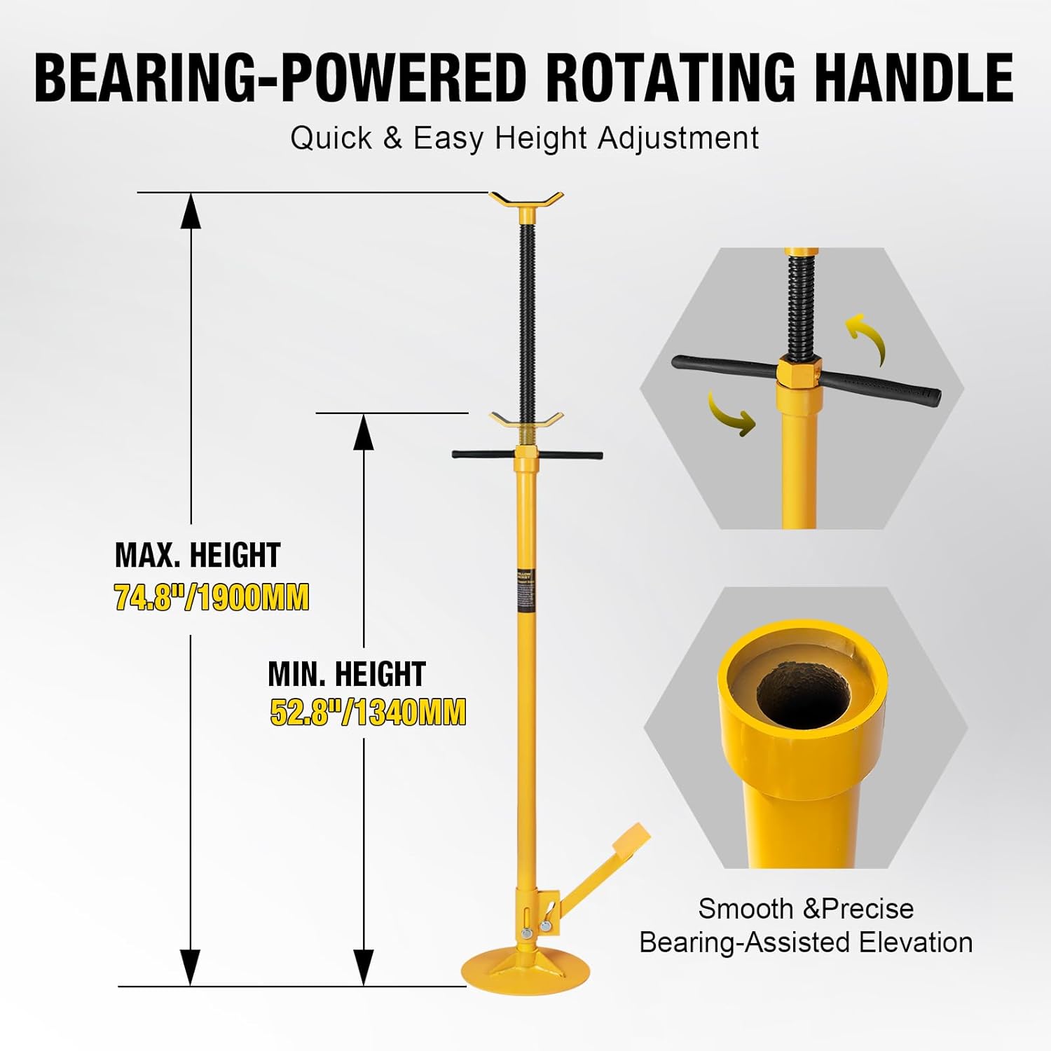 YELLOW JACKET Underhoist Support Stand 3/4 Ton Capacity with Foot Pedal, Lifting from 52.8" to 76.5", 12 Inch Diameter Base, Bearing Mounted Spin Handle, Contoured Saddle, Supports Vehicle Components