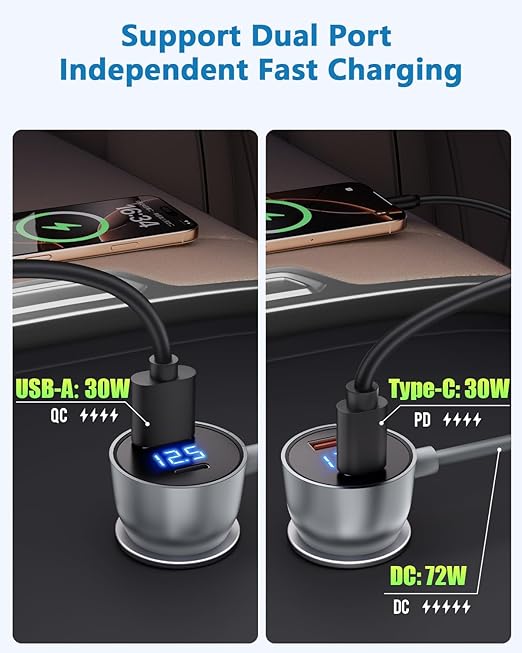 Starlink Mini Cable Car Adapter 16.4ft Starlink Mini Accessories Power Cable Car Charger DC 12V 24V Cigarette Lighter with Digital Display USB C PD 30W and USB A QC 3.0 30W Ports for Trucks and Cars