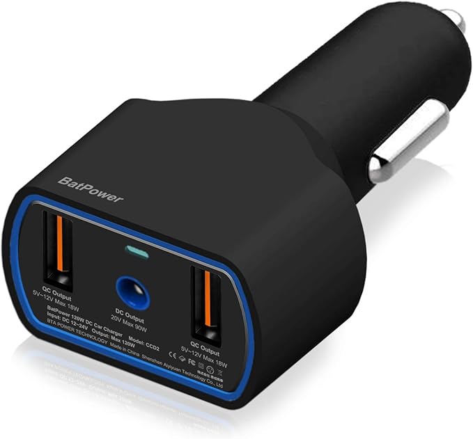 BatPower CCD2 High Power Delivery 120W Car Charger Compatible with Dell Inspiron Latitude XPS Mini Precision Studio Vostro Laptop Notebook DC 12v-24v Auto Adapter
