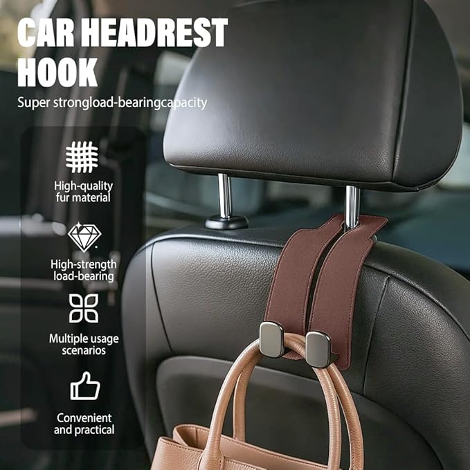 Car Seat Back Storage Hook, 2026 New Two Hook Fur Leather Seat Back Headrest Hanger Genuine Leather Double Metal Hook for Backseat Organizer, Car Organization Accessories (2, Gray)