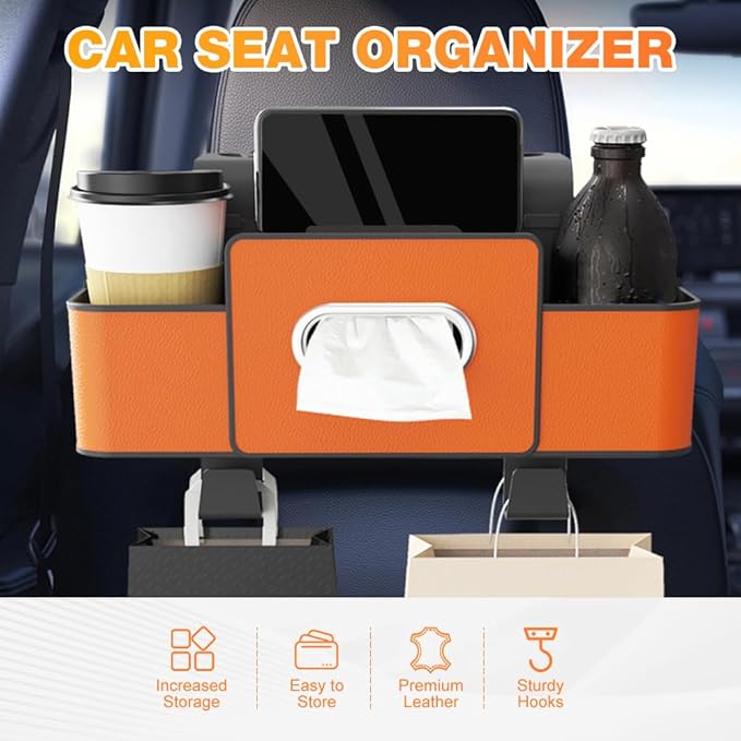 PUSKIU Car Organizer and Storage Box, Car Organizers and Storage Box for Back Seat, Car Organizer Back Seat for Daily Travel (Orange)