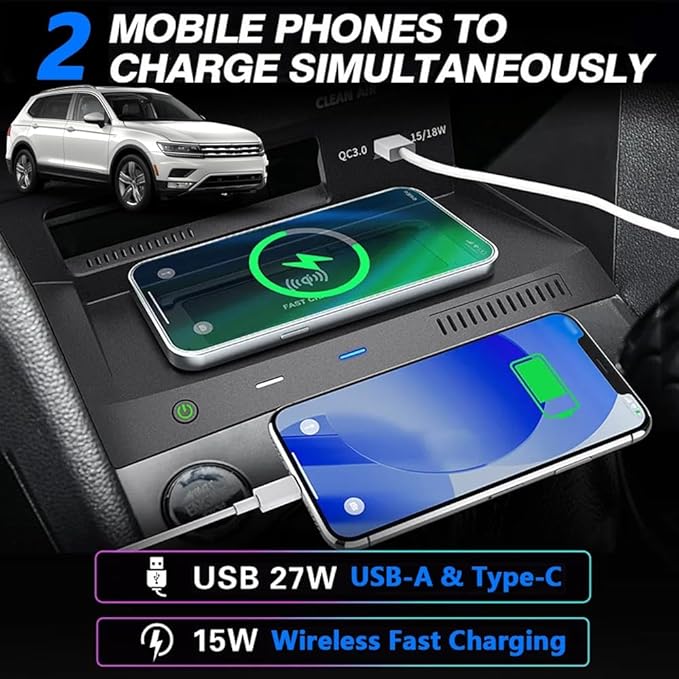 Wireless Car Charger for Volkswagen VW Tiguan MK2 2017 2018 2019 2020 2021, Wireless Fast Phone Charging Pad with 18W QC3.0 USB, Fit for Volkswagen Tiguan Interior Accessories Upgrades