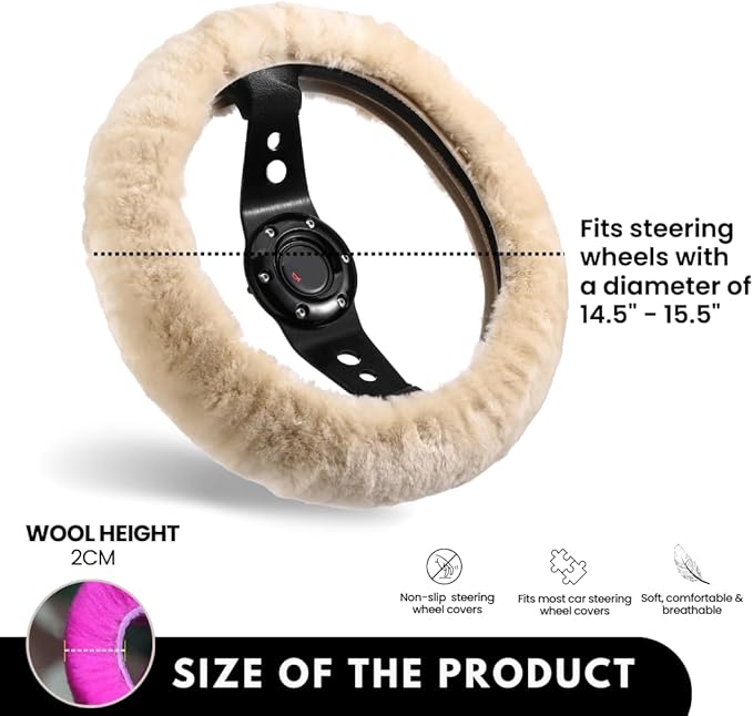 Andalus Brands Luxury Fluffy Car Steering Wheel Covers – Genuine Merino Sheepskin, Soft Fuzzy Car Steering Wheel Cover for Women, Universal 14.5-15" Size, Plush Fur Cute Auto Accessories, Pearl
