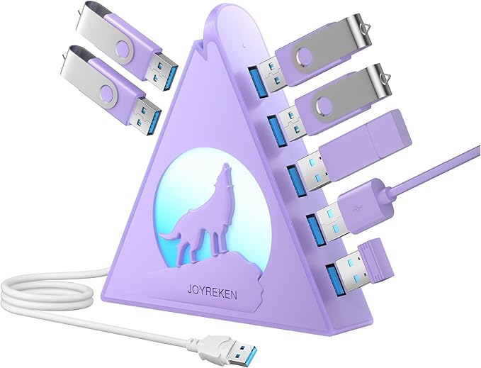 USB 3.0 Hub 7 Port, Vertical USB Splitter with RGB Lighting, 5Gbps High-Speed Data Transfer, 2FT Extension Cable, Tower USB Hub for PC, Laptop, MacBook, PS5, Xbox, Flash Drive, Printer (Light Purple)