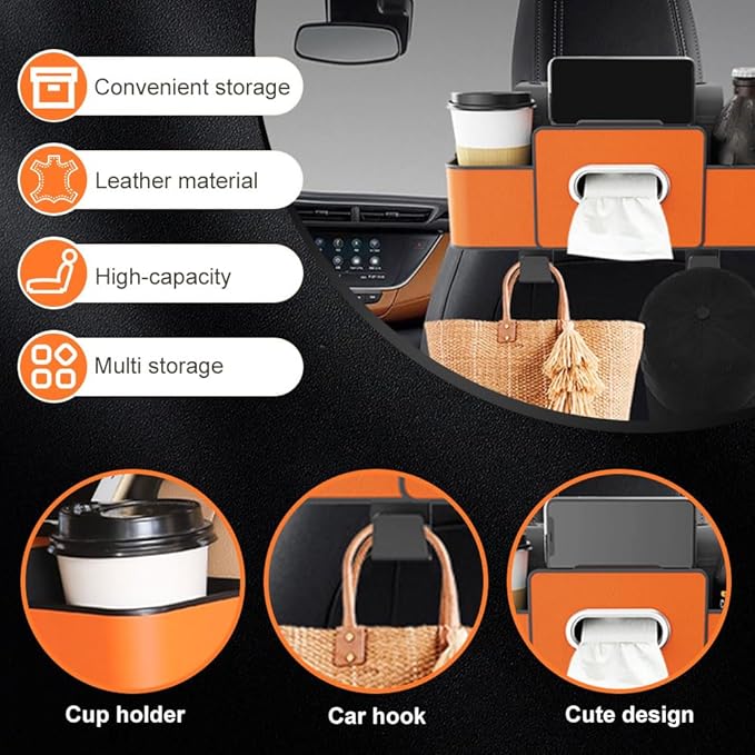 Cars Seat Back Bag, 2025 Upgrade Car Rear Backseat Extra Multifunctional Car Seat Back Storage Box, Multifunctional Car Seat Tissue Organizer with 2 Drink Cup Holder 2 Hooks (Orange)