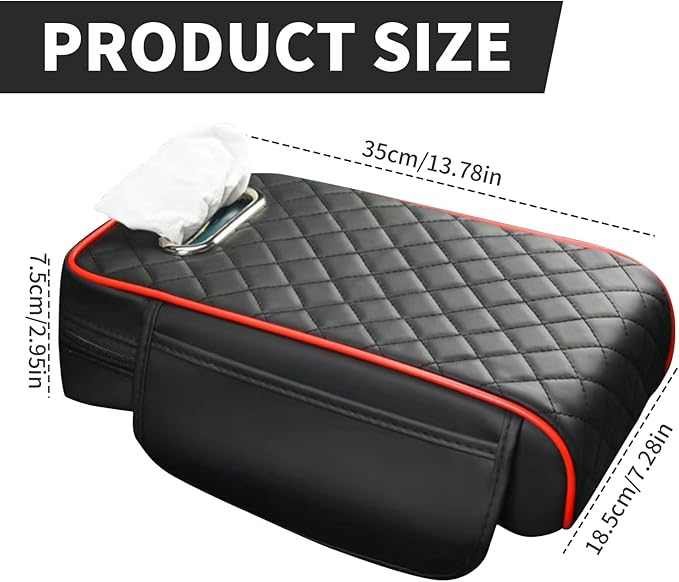 Car Center Console Cover, Leather Car Armrest Box Pad with Pocket and Tissue Box Arm Rest Cushion Universal Car Seat Box Cover Car Interior Accessories for SUV/Truck/Vehicle (Black+Red)