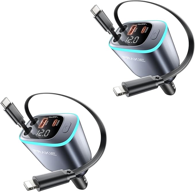 4 in 1 Car Charger, Retractable iPhone Car Charger Fast USB C Phone Charger, Cigarette Lighter with 2 Cable 25 Inch and 2 USB Ports, Multi Port USB Car Charging for iPhone 17/16/15/14/13 Pro Max-2Pack