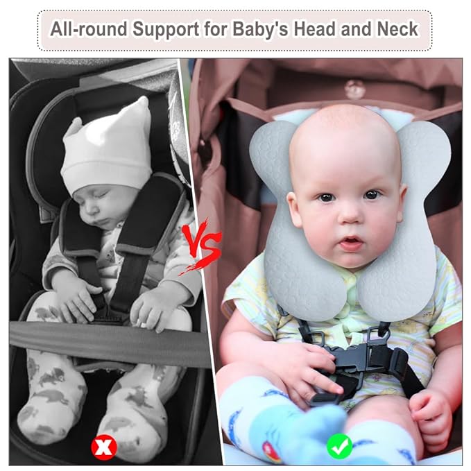 Upgraded Baby Head Support Pillow for Newborn Toddler, Soft Cotton Baby Travel Pillow for Car Seats and Strollers, Blue
