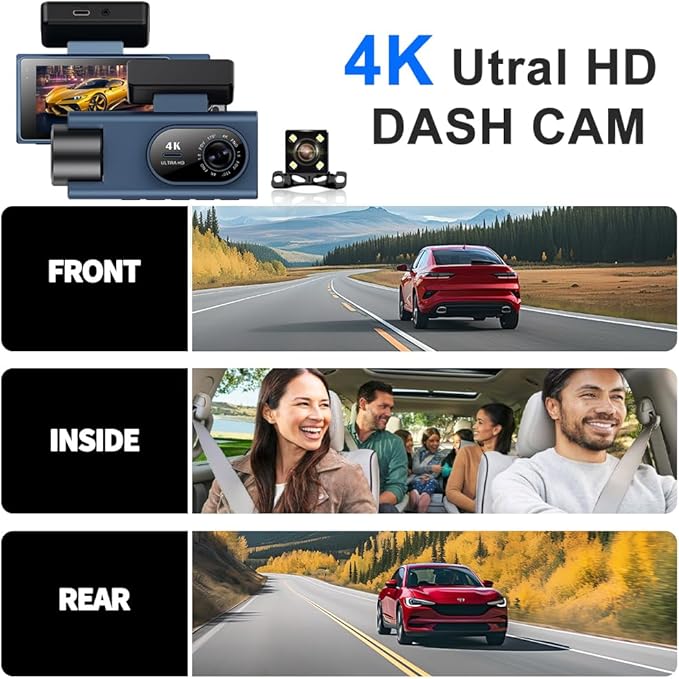 Dash Cam Front Rear Inside, 4K Full HD Dash Camera for Cars, Included 64GB Card, Built-in Wi-Fi, 3” IPS Screen, Night Vision, 170°Wide Angle,Loop Recording, APP Control (3Channel Dashcam+64G)