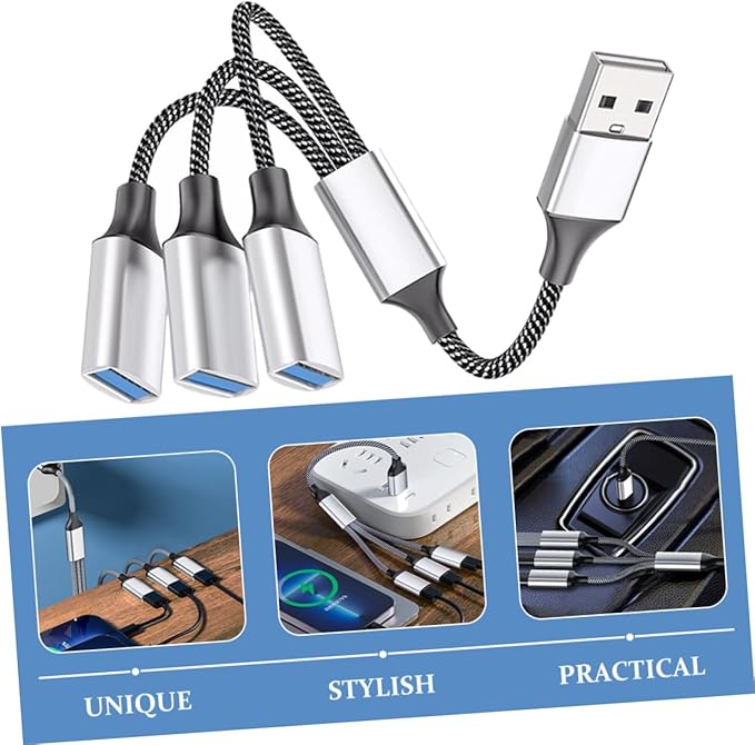 Portable USB Power Splitter Cable Male to Female Ports Compact USB Hub with Over Over-Voltage Protection for Laptop Car and Computer Use