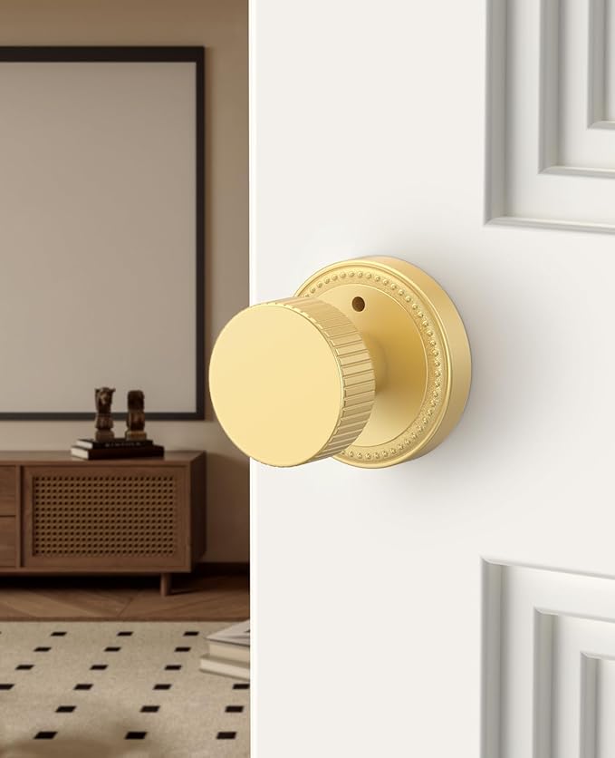 Asidrama 4 Pack Privacy Gold Door Knob with Lock, Brush Gold Door Knobs Interior for Bedroom or Bathroom, Heavy Duty Brush Gold Door Handle for Left Right Sided Doors