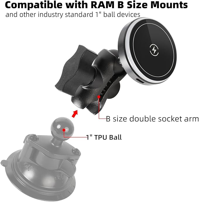 Magnetic Wireless Charging Phone Holder Base for RAM Mounts, 1" (25mm) Ball Mount with Short Aluminum Arm, Compatible with Magsafe iPhone 17/16/15/14/13/12 Series