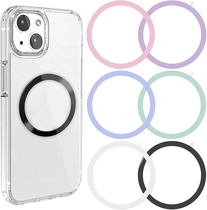 6 Colors Universal Metal Rings Compatible with Magsafe Magnetic Wireless Charger, Adapter Ring Sticker for Cell Phone Case Magnet Wireless Charging, Compatible with iPhone 16/15/14/ Samsung Galaxy