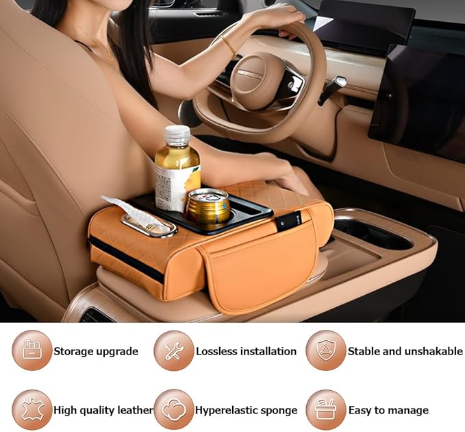 Car Armrest Cushion,5-in-1 Center Console Cover with 2 Storage Bags Cup Holder, Tissue Box Slot, Phone Slot for Sedans, Car Accessories Interior Organizers (coffee)