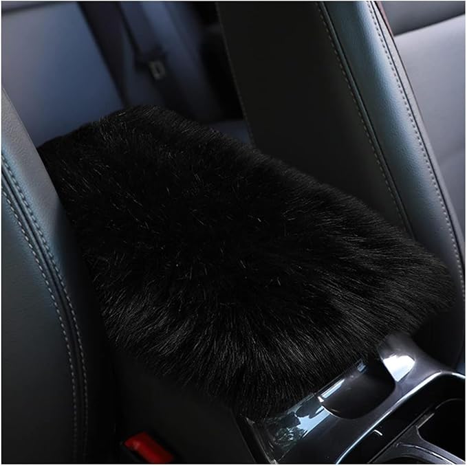 Furry Car Center Console Cover, 11.8"×7.9" Sheepskin Wool Armrest Box Cushion Pad, Comfort Soft Auto Center Console Protector, Interior Decor Accessories for Most Vehicles (Black)