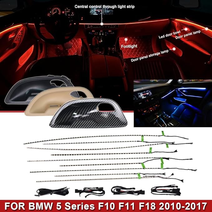 2 Colors Interior LED Stripe Decorative Door Ambient Light Blue and Orange for BMW 5 Series F10 F11 2010-2017 (Carbon Fiber)