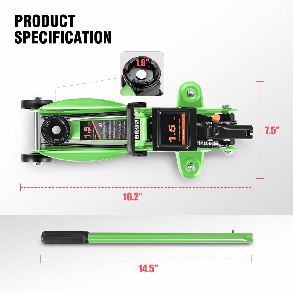DNA MOTORING Low Profile Hydraulic Trolley Service/Floor Jack, 1.5 Ton (3000 lbs) Capacity, Lifting Range 5.3"-12", Green, TOOLS-00326-GR