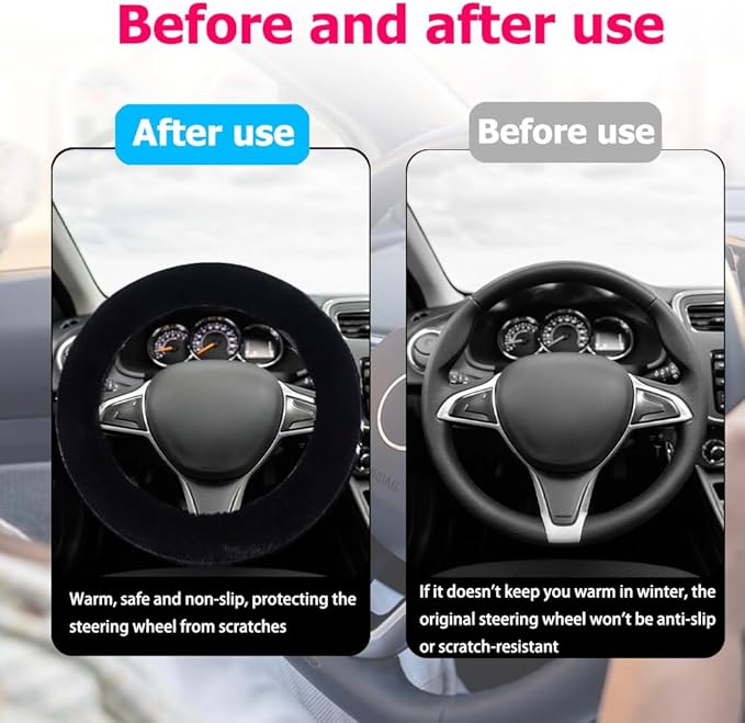 Fluffy Steering Wheel Cover, Winter Warm, Suitable for Most Car Steering Wheels in The 14-15 Inch Range(Black, 1PCS)