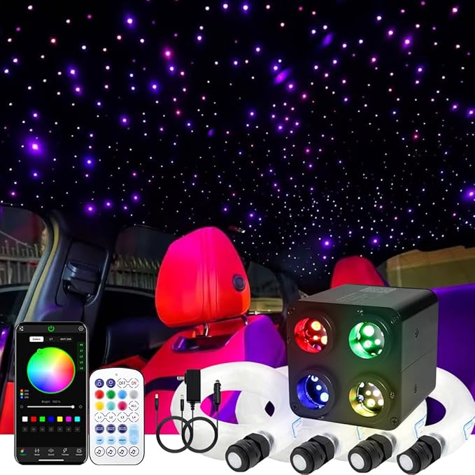 AZIMOM 4Port 36W Twinkle Mixed860pcs 13.1ft Fiber Optic Starlight Headliner Kits 4Colors Light Source Sound Activated Remote APP Control Home Indoor Ceiling Car Headliner Decoration