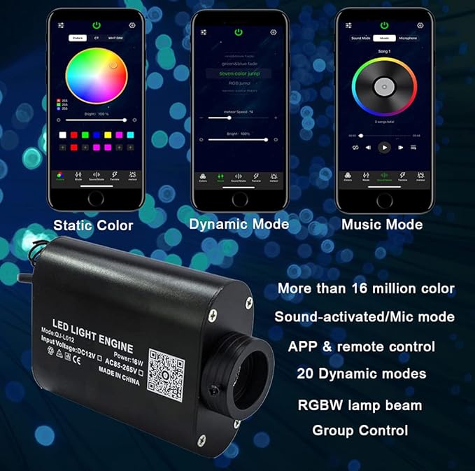 AZIMOM Car Use Bluetooth 16W Upgraded Fiber Optic Light Star Ceiling Lighting Kits Mixed 335pcs 13.1ft Optical Fibers Sound Activated APP Remote Control Livingroom Headliner Starlight Decoration