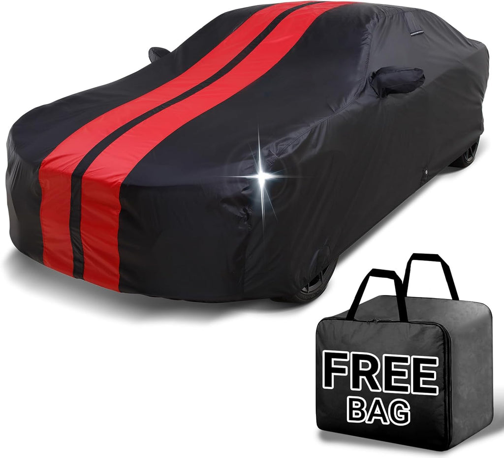 iCarCover Custom Car Cover for Chevy Aveo Sedan (2004-2022) Waterproof All Weather Rain Snow UV Sun Protector Full Exterior Indoor Outdoor Car Cover (Stripe - Black/Red)
