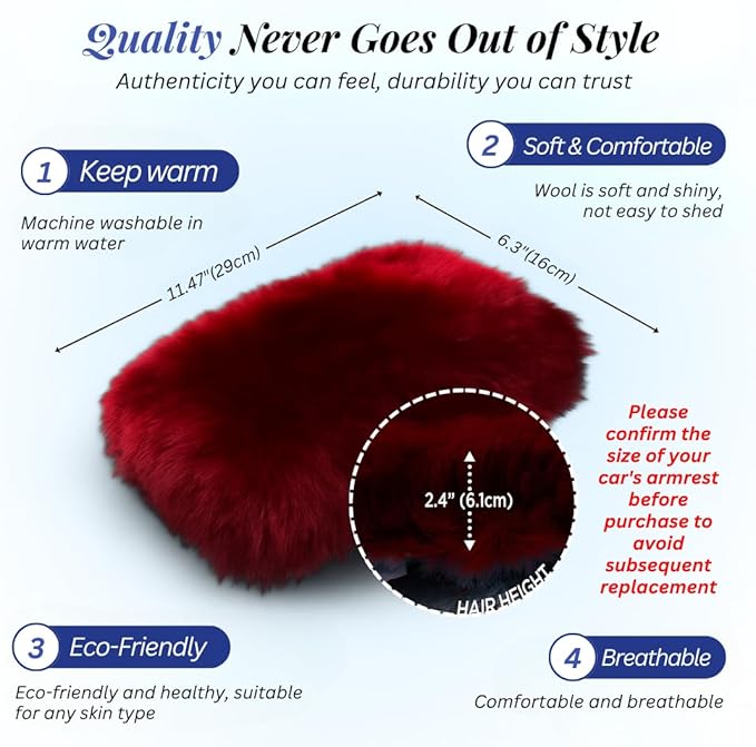 Andalus Brands Pure Australian Sheepskin Fluffy Car Center Console Cover, Luxurious Non-Shedding Furry Arm Rest Cover for Car, Versatile for All Seasons, Dark Red - (11.47" X 6.3")
