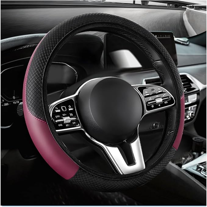 Car Steering Wheel Cover, 15 Inch Anti-Slip Stretch Leather Steering Wheel Protector, Comfortable Breathable Sporty Steering Wheel Cover for Women Men, Car Accessories (Wine Red, AD)