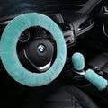 3Pcs/Set Pure Wool Fur Furry Steering Wheel Cover, Soft Fluffy Handbrake Cover Gear Shift Cover for Women Car SUV Truck Australia Sheepskin Accessories, Light Green