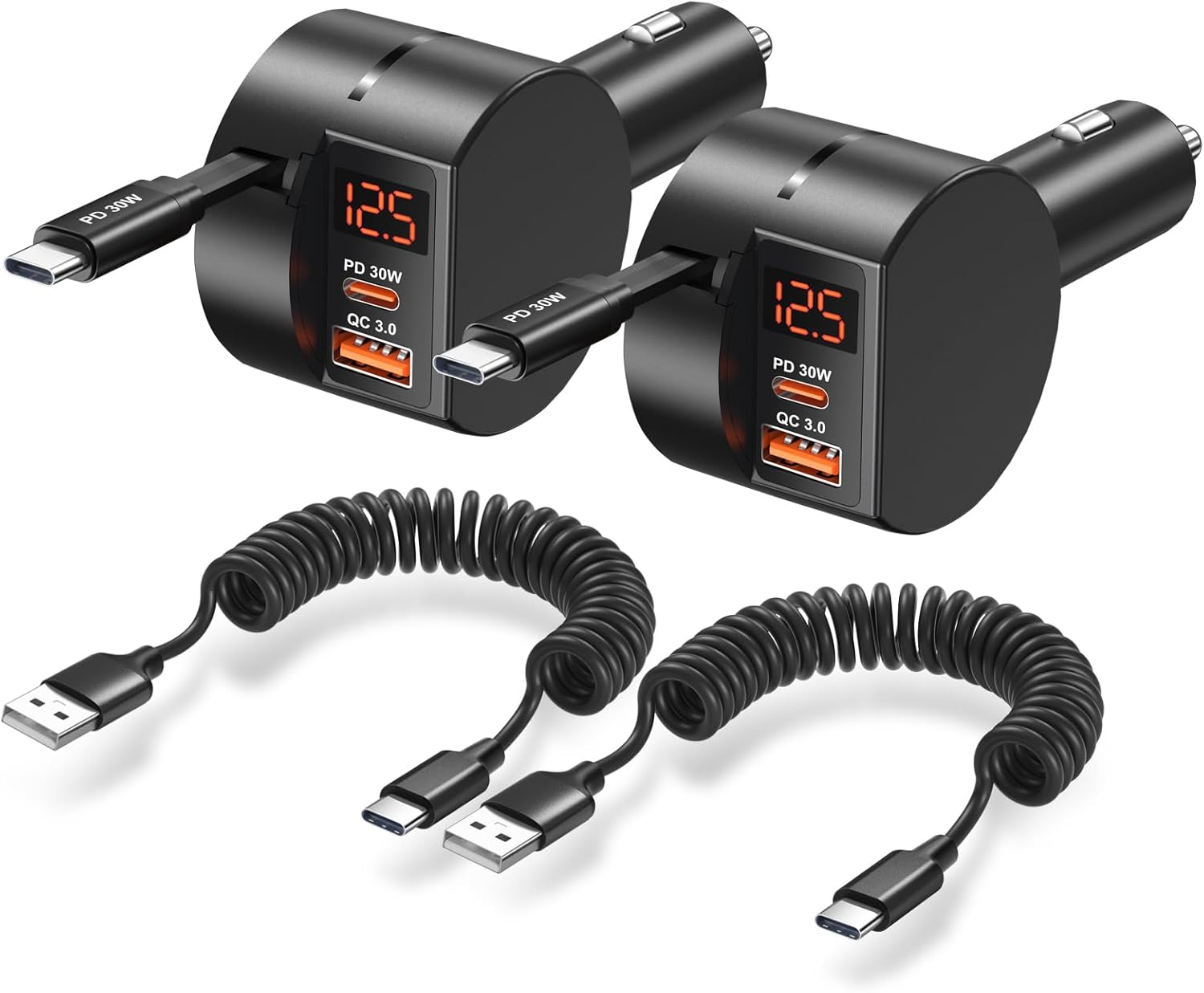 Retractable Car Charger USB C, OKRAY 78W 3-Port 12v Cigarette Lighter Adapter PD30W Fast Charging Type C Car Phone Charger & Coiled USB C Cable for iPhone 16 15 Pro, Samsung Galaxy S25 S24 A16, 2Pack