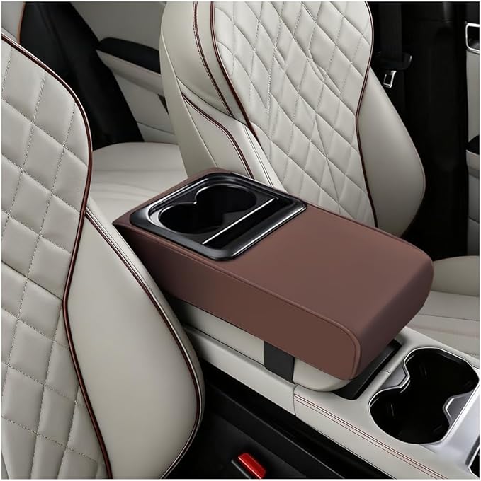 Car Center Console Armrest Pillow, Vehicle Armrest Seat Box Cushion Pad with Cup Holder & Phone Holder, Comfortable Auto Middle Console Cover, Universal for SUV RV Truck (Coffee)