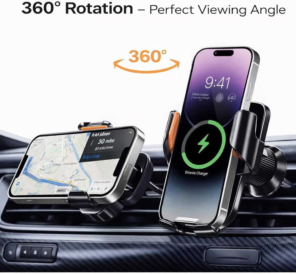 Car Phone Holder with Wireless Charger, Auto Clamping Car Mount, Fast Charging Phone Holder for iPhone & Android, Dashboard Windshield Air Vent Mount
